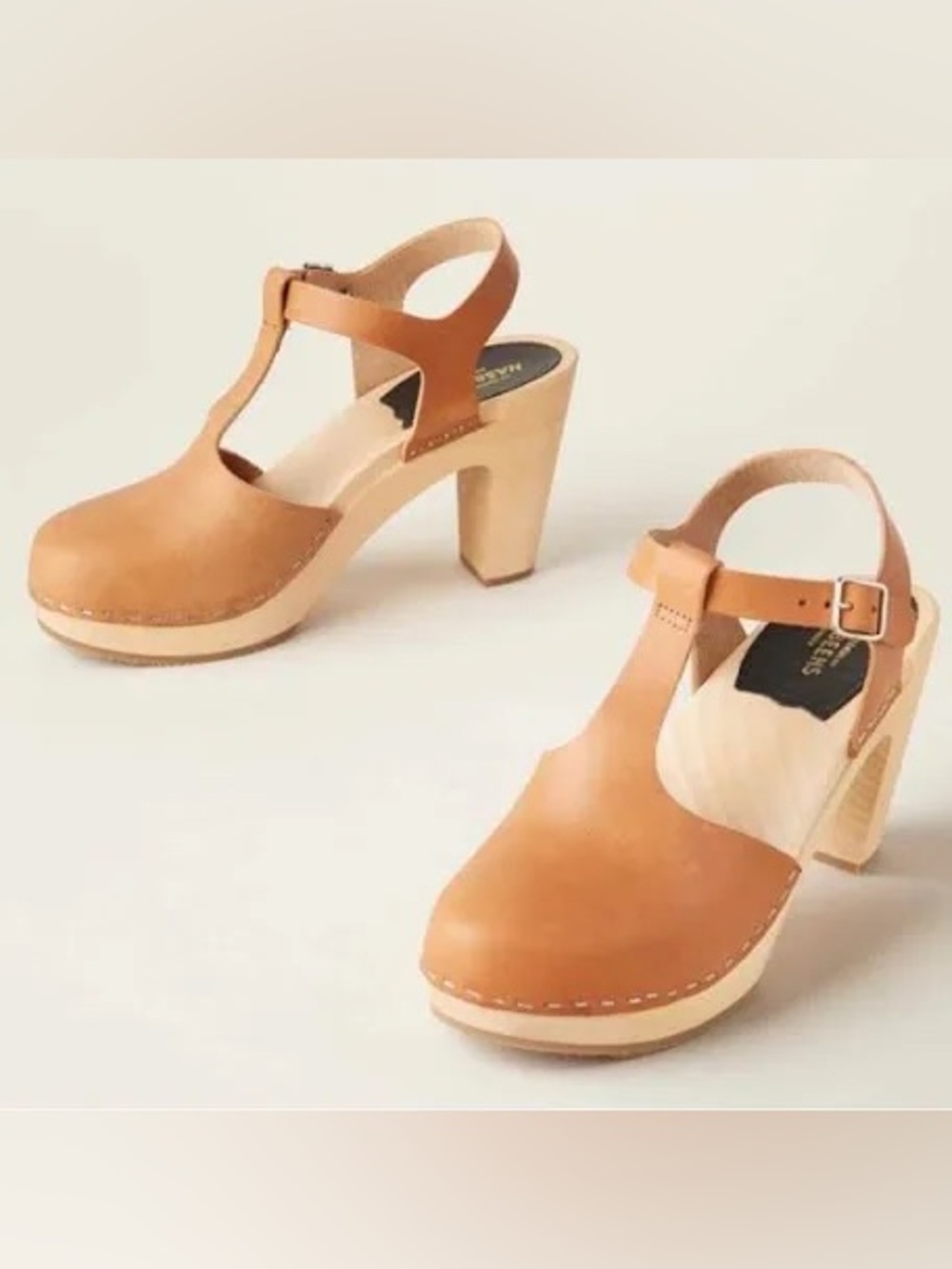 Swedish Hasbeens Leather T-Strap Clogs Sz 37, 7 US